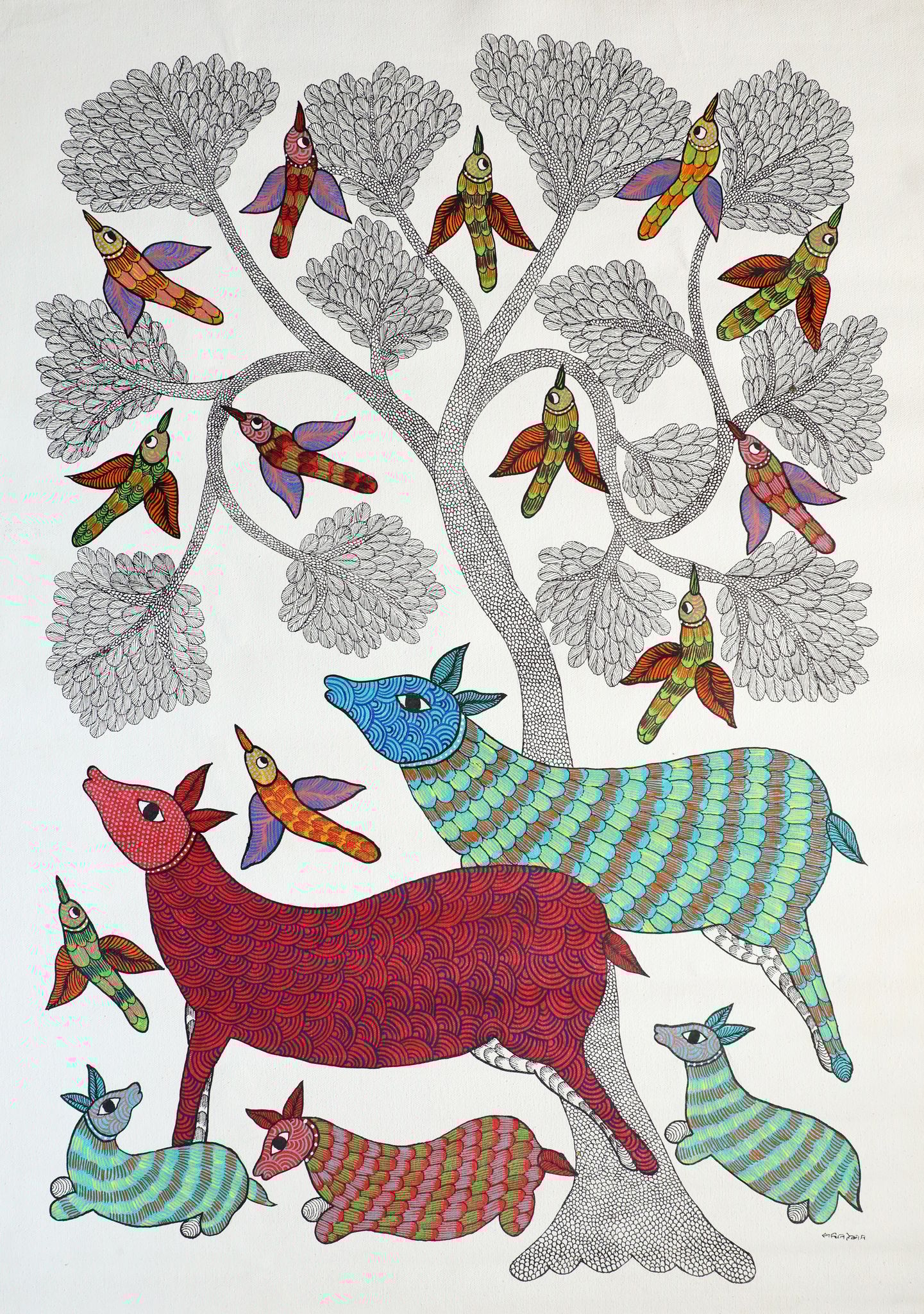Tribes India Handmade Painting Gond Canvas 34x24 1SPNGNDMP05150 - 4
