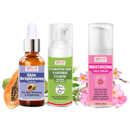 BECUTE Professional Skin Brightening Serum+2% Salicylic Acid Foaming Face Wash+Moisturising Face Cream - Combo Pack, 230 mL BECUTE Professional Skin Brightening Serum+2% Salicylic Acid Foaming Face Wash+Moisturising Face Cream - Combo Pack, 230 mL