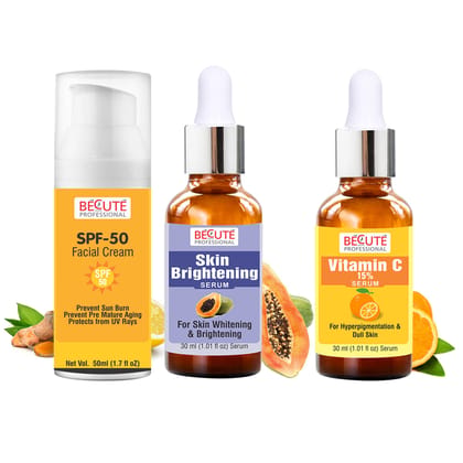 BECUTE Professionals SPF 50 Facial Cream+Skin Brightening Serum+Vitamin C Face Serum - Combo Pack, 110 mL BECUTE Professionals SPF 50 Facial Cream+Skin Brightening Serum+Vitamin C Face Serum - Combo Pack, 110 mL