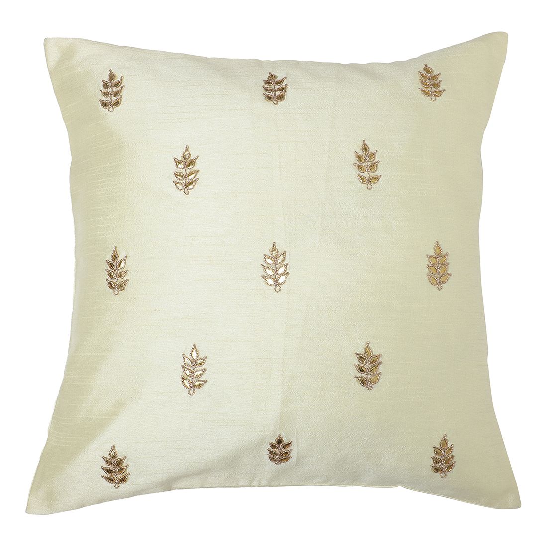 The Cocotier® Pure Silk Cushion Cover with Hand Embroidery, Gotta Patti Work, Small Motifs, Button Closure, Coconut Shell Button (Yellow,16 X 16) | Cushion Covers 16inch X 16inch, Cushion Cover.