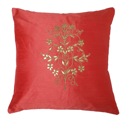 The Cocotier® Pure Silk Cushion Cover, Gotta Patti and dori Work, Traditional Motif, Hand Embroidery, Zip Closure. (Carrot red,16 X 16)