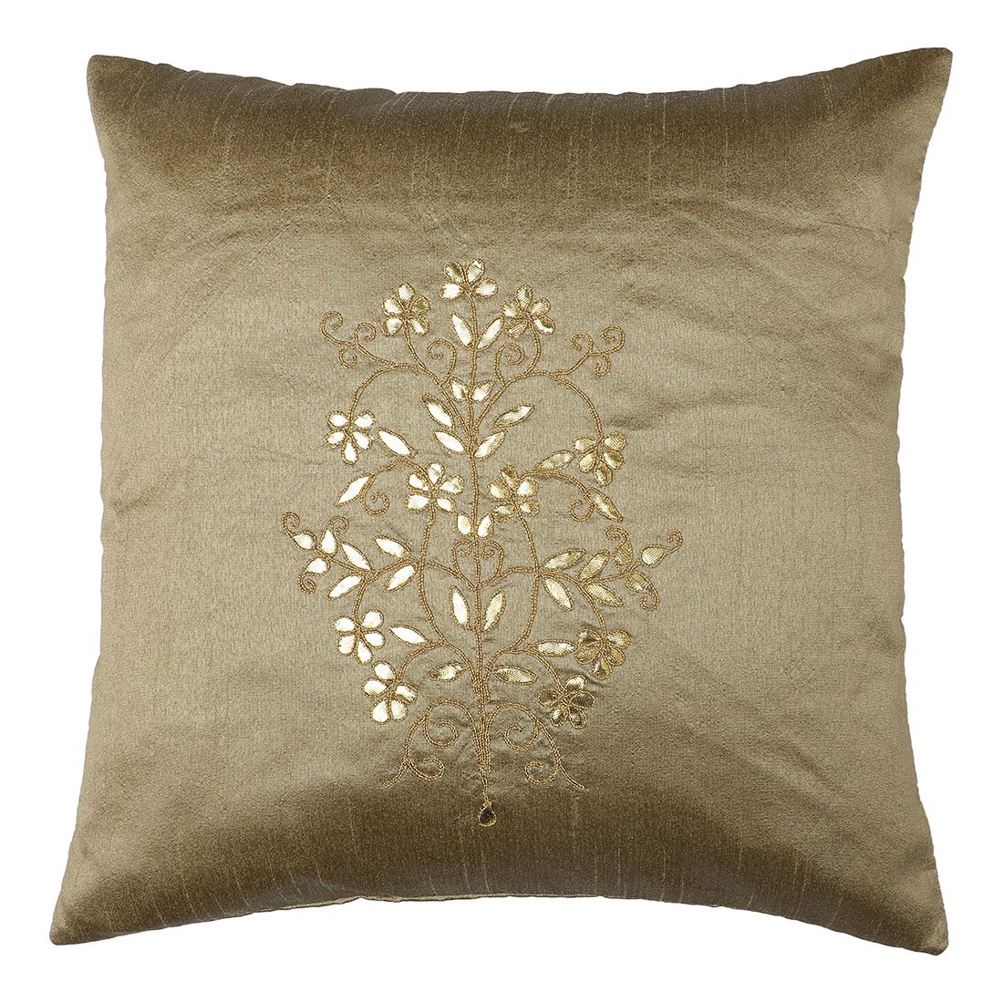 The Cocotier® Pure Silk Cushion Cover with Hand Embroidery, Gotta Patti and doriwork, Single Motif, Zip Closure. (Golden,16 X 16).