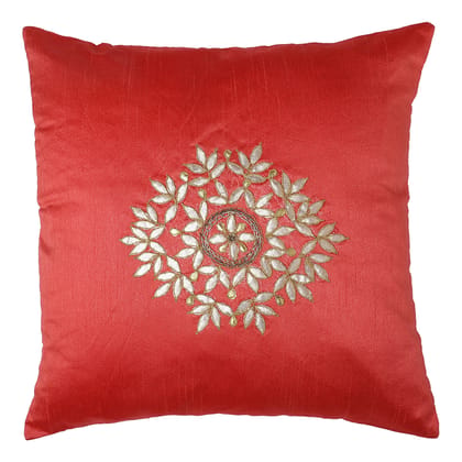 The Cocotier® Pure Silk Cushion Cover with Hand Embroidery, Gotta Patti Work, Zip Closure. (Carrot red,16 X 16) | Cushion Cover for Sofa, Sofa Cushion. The Cocotier® Pure Silk Cushion Cover with Hand Embroidery, Gotta Patti Work, Zip Closure. (Carrot red,16 X 16) | Cushion Cover for Sofa, Sofa Cushion.