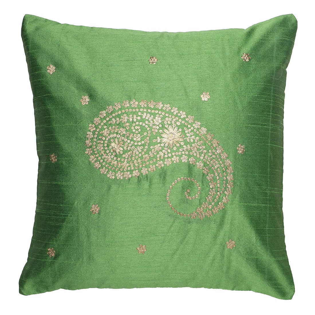 The Cocotier® Pure Silk Cushion Cover with Hand Embroidery, Pitta Work, Traditional Design, Zip Closure. (Green,16 X 16).