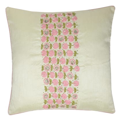 The Cocotier® Pure Silk Cushion Cover with Hand Embroidery, 3D Embroidery with Thread and Pearls, Contemporary Design. (Cream and Pink,16 X 16).