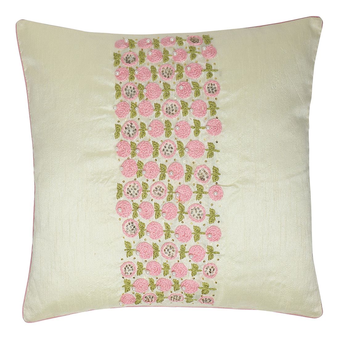 The Cocotier® Pure Silk Cushion Cover with Hand Embroidery, 3D Embroidery with Thread and Pearls, Contemporary Design. (Cream and Pink,16 X 16).