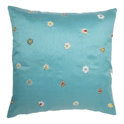The Cocotier® Pure Silk Cushion Cover with Hand Embroidery, 3D Embroidery with Thread and Pearls, Contemporary Design. (Light Blue,16 X 16).