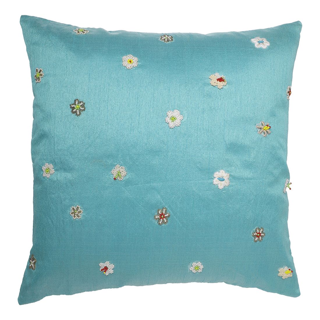 The Cocotier® Pure Silk Cushion Cover with Hand Embroidery, 3D Embroidery with Thread and Pearls, Contemporary Design. (Light Blue,16 X 16).