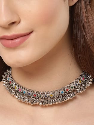 ARADHYA  Stylish Silver Ghugroo Beads Oxidised Necklace