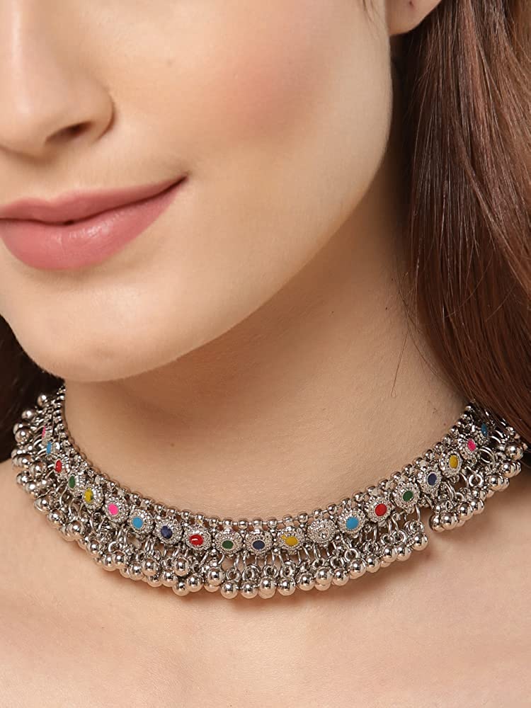 ARADHYA  Stylish Silver Ghugroo Beads Oxidised Necklace