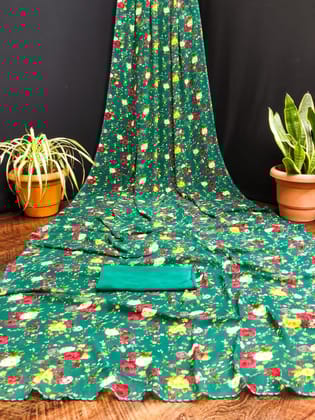 KHUSHBOO DESIGNERS Women's Solid Georgette 5.5 Meter Saree with Unstitched Blouse Piece (Green]