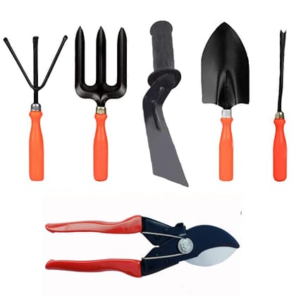 Pruner Khurpi Trowel Fork Cultivator Weeder Garden Tool Kit (6 Tools) Pruner Khurpi Trowel Fork Cultivator Weeder Garden Tool Kit (6 Tools)