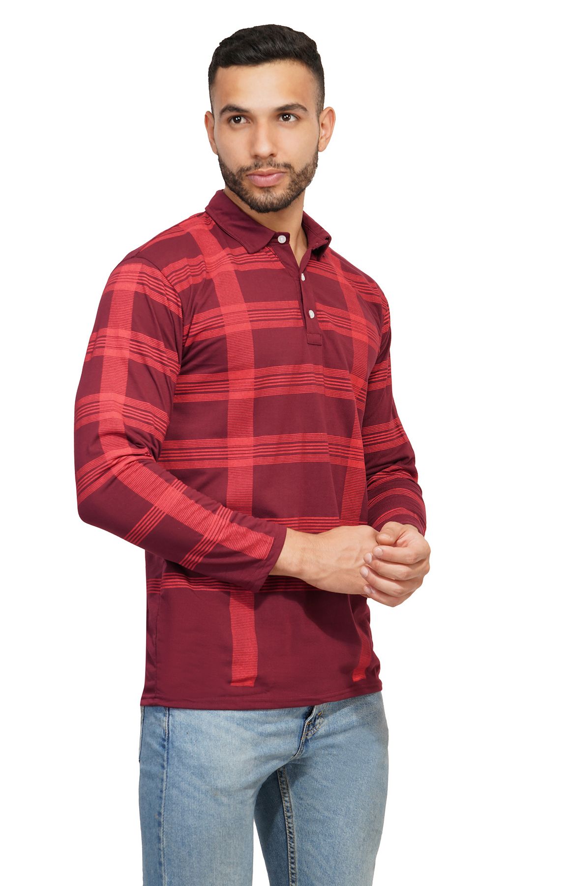 BASONTI Polo Neck Checked Maroon Mens T-shirt