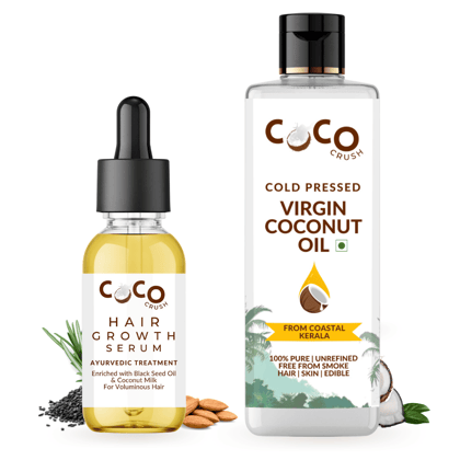 Coco Crush Pack of Virgin Coconut Oil & Hair Growth Serum with Rosemary Oil | 100% Natural | Pack of 2 - 115ml (100ml+15ml) Coco Crush Pack of Virgin Coconut Oil & Hair Growth Serum with Rosemary Oil | 100% Natural | Pack of 2 - 115ml (100ml+15ml)