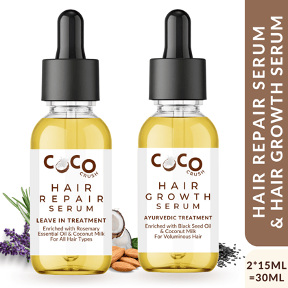 Coco Crush Pack of Hair Growth Serum & Leave-in Hair Repair Treatment Serum with Rosemary Oil | 100% Natural | Pack of 2 - 15ml each Coco Crush Pack of Hair Growth Serum & Leave-in Hair Repair Treatment Serum with Rosemary Oil | 100% Natural | Pack of 2 - 15ml each