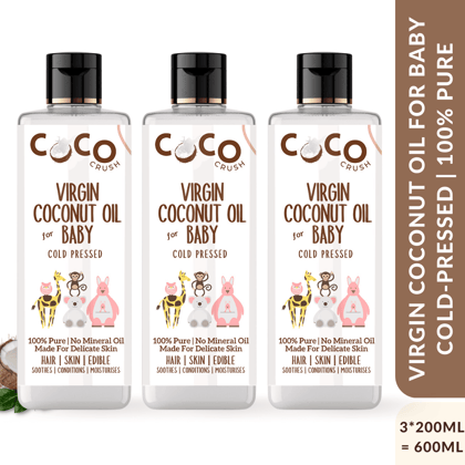 Coco Crush Virgin Coconut Oil for Baby Massage | Cold Pressed, Pure, Natural | Body, Hair | Pack of 3 - 200ml each Coco Crush Virgin Coconut Oil for Baby Massage | Cold Pressed, Pure, Natural | Body, Hair | Pack of 3 - 200ml each