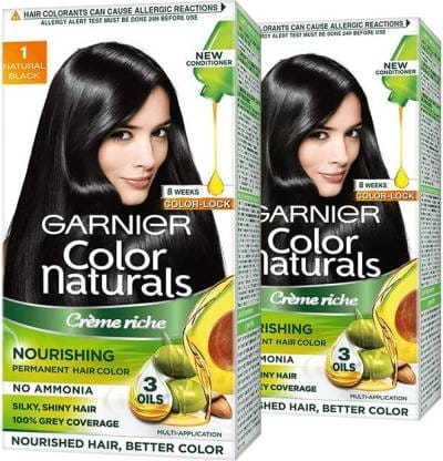 Garnier, Hair Colouring Creme, Long-lasting Colour, Smoothness & Shine, Color Naturals, Shade: 1 Natural Black,  Each 70ml + 60g, Pack Of 2