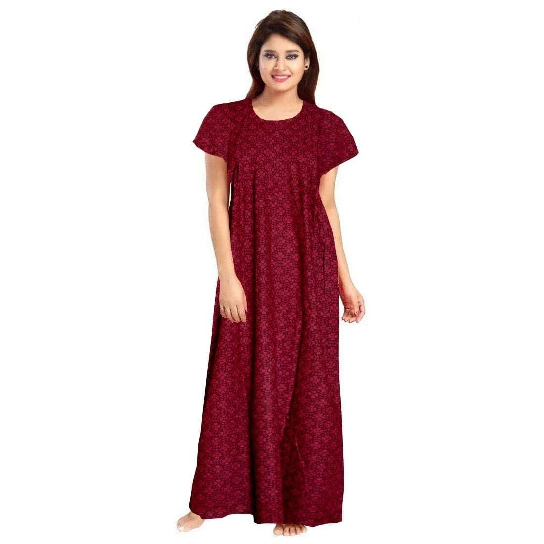 Code Black Women's Cotton Solid Maxi Nighty (CB/MaroonBrasso_Red, Maroon_Free Size)