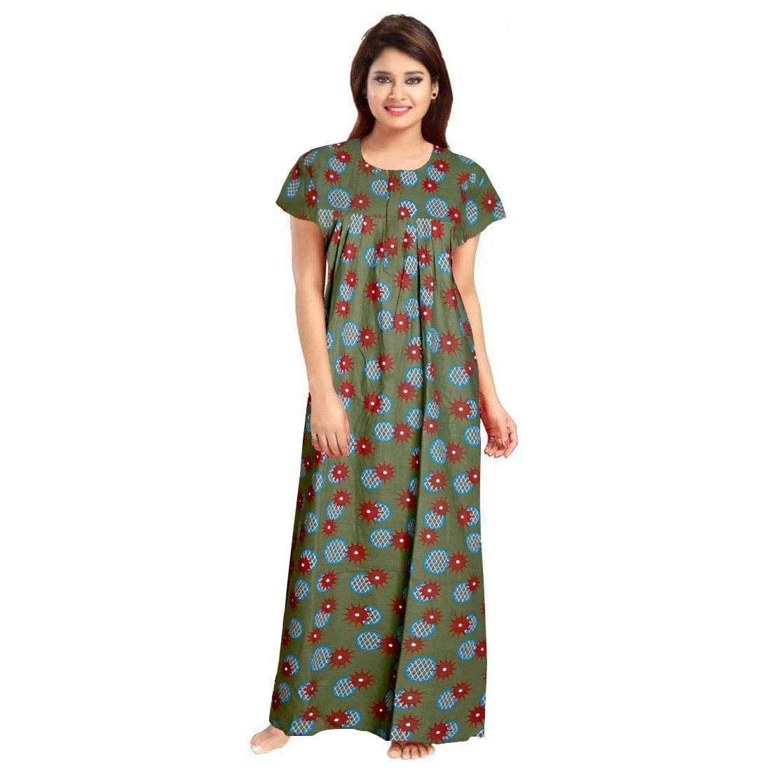 KBNBJ Women's Cotton Printed Night Gown Nighty - Free Size(Mehandi)