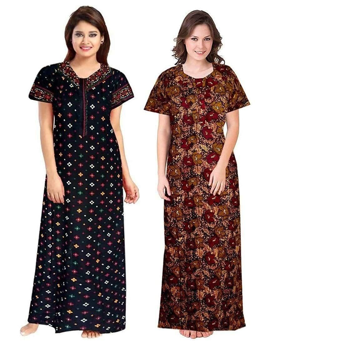 KBNBJ Women's Cotton Striped Maxi Nighty (Pack of 2)(KB(5&8)_Blue & Brown_Free Size)