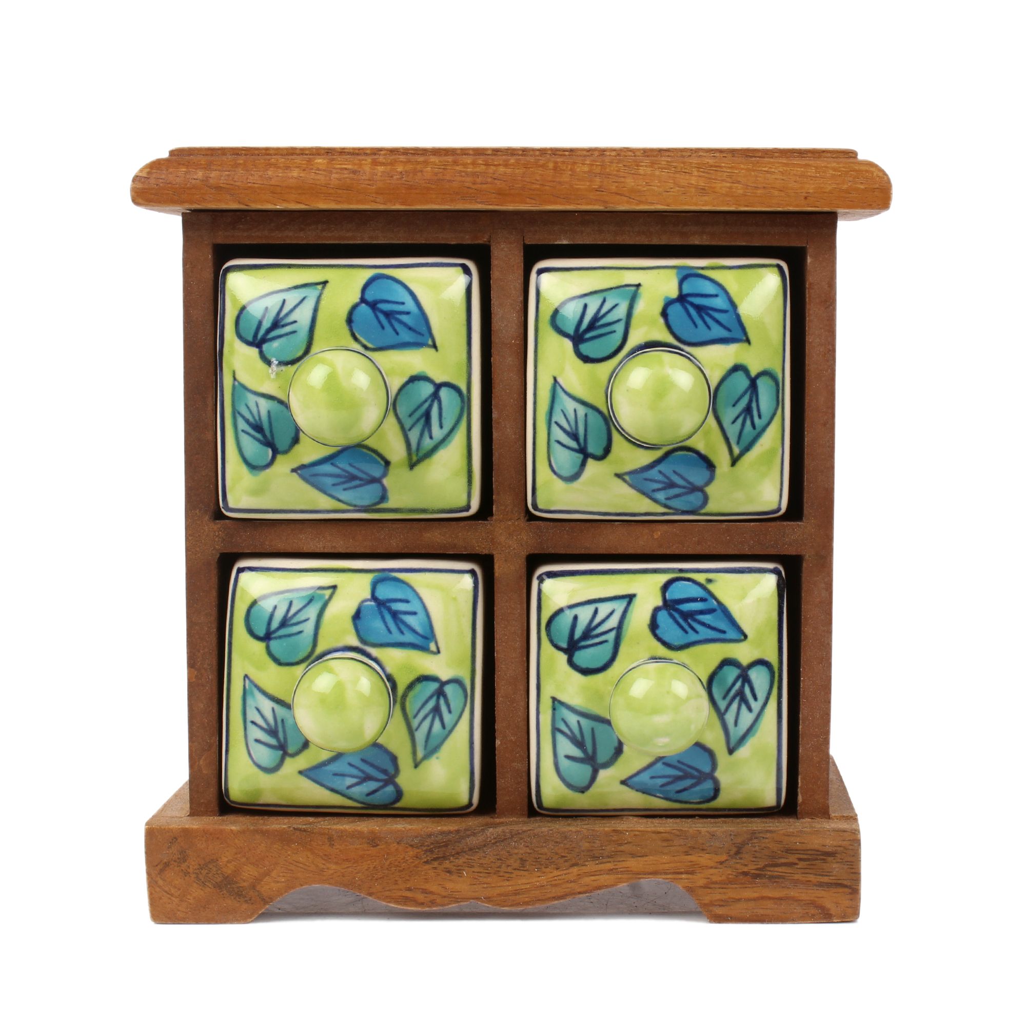 Tribes India Blue Pottery Green leaf 4 Drawer Jewelry Box
