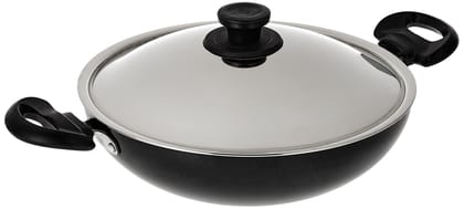 Non-Stick Black Kadai with Silver Lid and Handles Non-Stick Black Kadai with Silver Lid and Handles