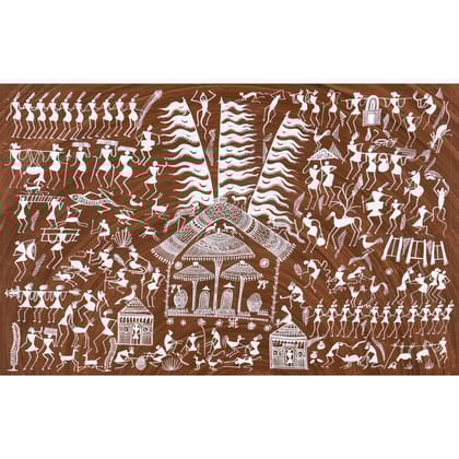 Authentic Classic Indian Traditional Unframed Hand Made Warli Painting (55.44X139.71)