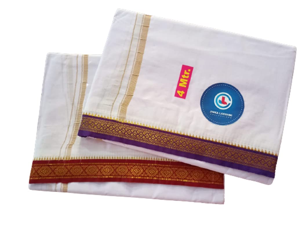 JINKA LAKSHMI COLLECTIONS Combo Handloom Cotton Dhoti For Men With Beautiful Borders 4 Meters Unstitched Pack of 2 (Multicolor-3) (Purple-Maroon)