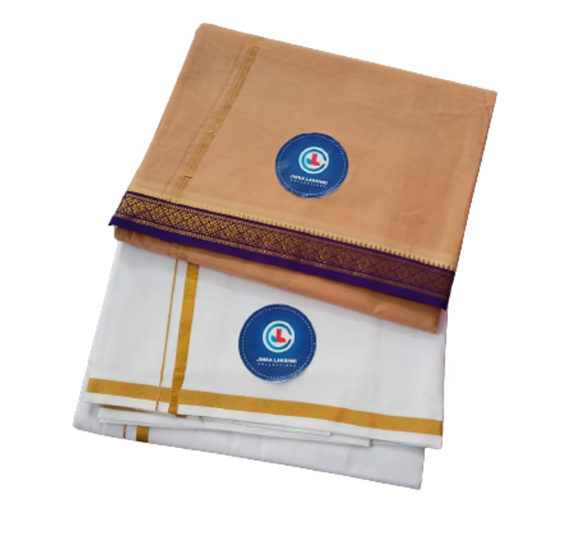 JINKA LAKSHMI COLLECTIONS Pure Cotton White Dhoti 4 Meters Unstitched Pack of 2 (Multicolor-8)