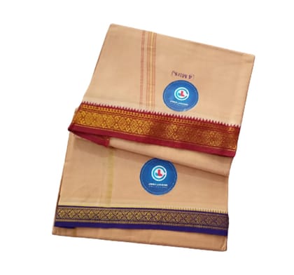 Jinka Lakshmi Collections 100% Handloom Biege Color Cotton Dhoti With Zari Border Up and Down 4 Meters Unstitched Pack of 2 (Multicolor-08)