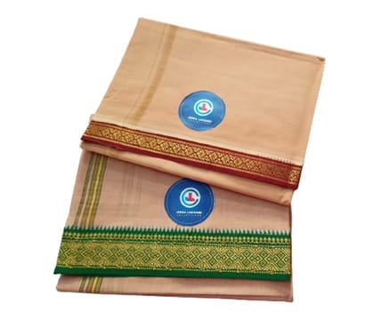 Jinka Lakshmi Collections 100% Handloom Biege Color Cotton Dhoti With Zari Border Up and Down 4 Meters Unstitched Pack of 2 (Multicolor-04) Jinka Lakshmi Collections 100% Handloom Biege Color Cotton Dhoti With Zari Border Up and Down 4 Meters Unstitched Pack of 2 (Multicolor-04)