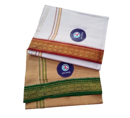 Jinka Lakshmi Collections 100% Handloom Cotton Dhoti With Zari Border Up and Down 4 Meters Unstitched Pack of 2 (Multicolor-6) Jinka Lakshmi Collections 100% Handloom Cotton Dhoti With Zari Border Up and Down 4 Meters Unstitched Pack of 2 (Multicolor-6)
