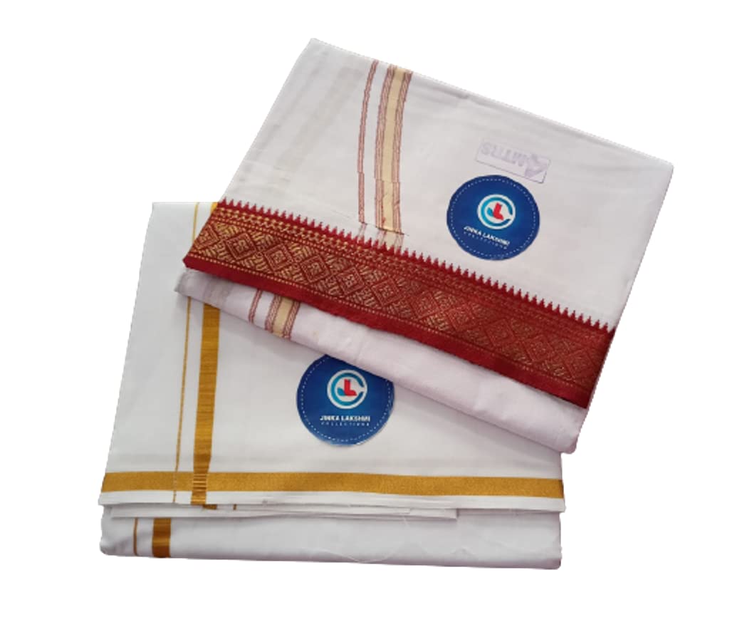Jinka Lakshmi Collections Handloom Cotton White Dhoti 4 Meters Unstitched Pack of 2 (Multicolor-2)