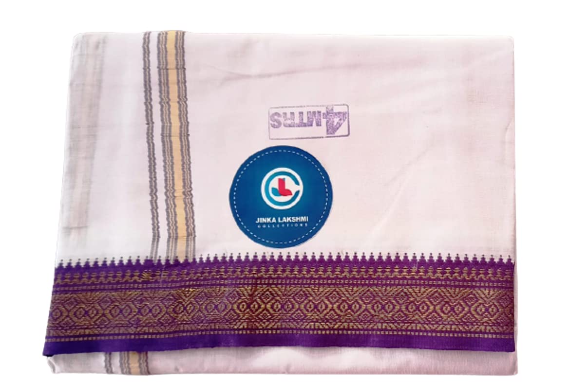 Jinka Lakshmi Collections Handloom White Cotton Dhoti With Big Borders 4 Meters Unstitched Pack of 2 (Multicolor-5)