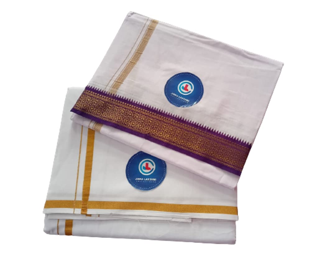 Jinka Lakshmi Collections Handloom Cotton White Dhoti 4 Meters Unstitched Pack of 2 (Multicolor-6)