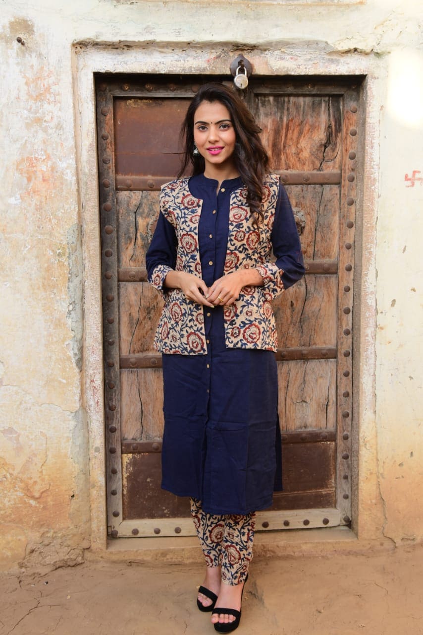 Bagru Handblock Print Cotton Kurta with Salwar & Jacket Set – Blue