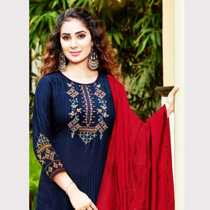 TALK BY FASHION Women Viscose Silk Kurta with Trousers & Dupatta Blue & Red