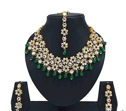 Nakoda Art Jewellery Gold Plated White Necklace Set for Women (Green Beads)