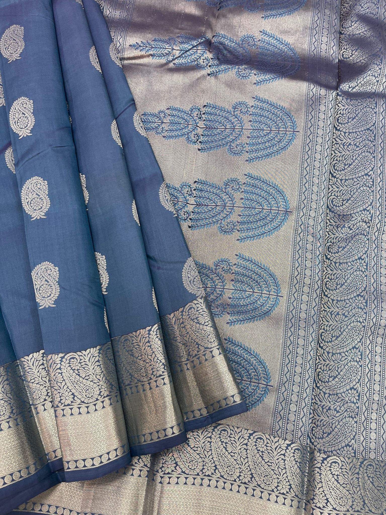 Turkish Blue Color Silver Small Mango Butta Saree with Unstitched Blouse