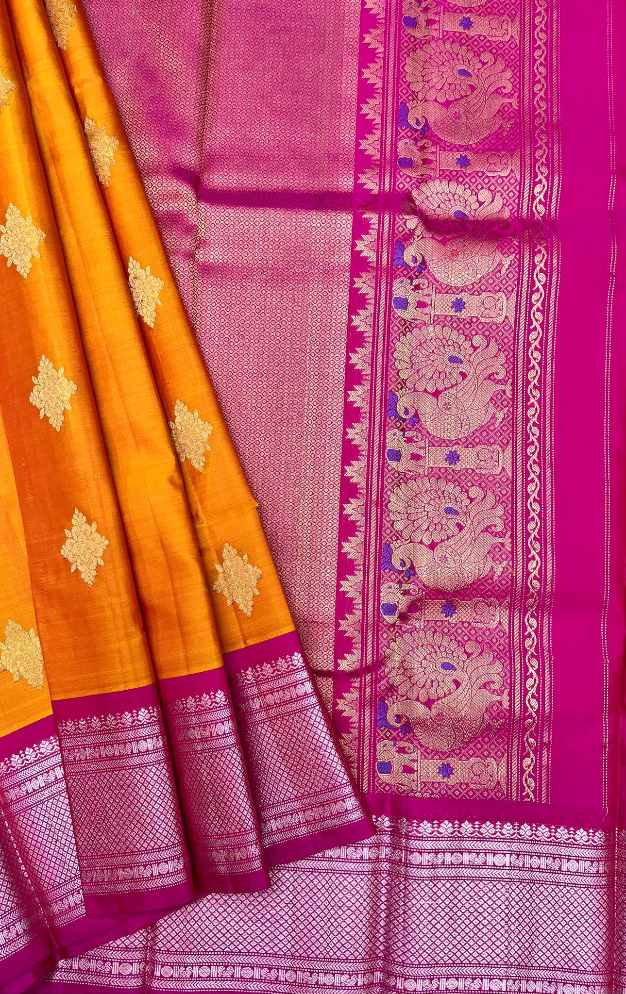 Mango Yellow with Dark Pink Color Silk Saree Has Small Butta Design with Unstitched Blouse