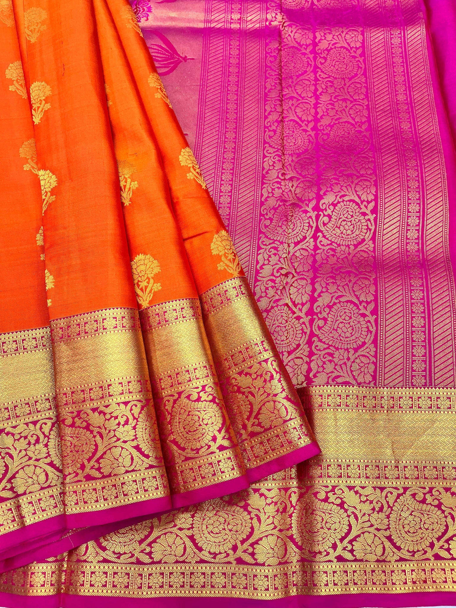 Rust Orange with Pink Color Silk Saree Has Floral Butta Design with Unstitched Blouse