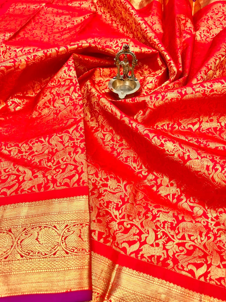 Red Color Kanjivaram Pure Hand Weaved Silk Saree with Vanasingaram Pattern Small Border All Over Grand Zari Woven Saree
