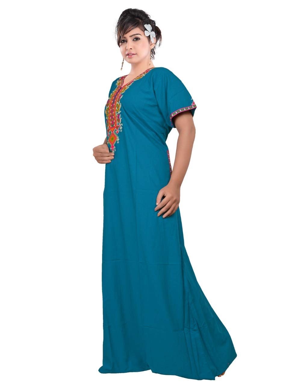 VALENCIA SLEEPWEAR lissybissy Cotton Resham Embroidery Nighty Night Gown Maxi for Women A line (Large, New Blue)