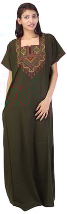 VALENCIA SLEEPWEAR lissybissy Cotton Resham Embroidery Nighty Night Gown Maxi for Women A line (KNW-42, Mehendi Green, X-Large)