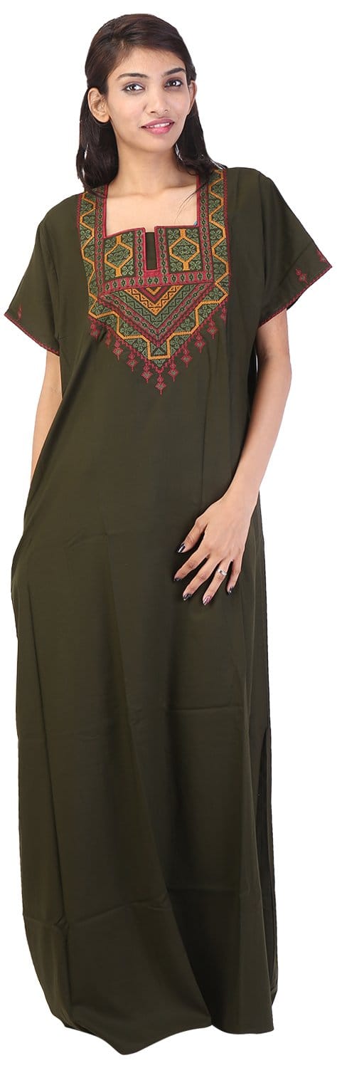 VALENCIA SLEEPWEAR lissybissy Cotton Resham Embroidery Nighty Night Gown Maxi for Women A line (KNW-42, Mehendi Green, X-Large)