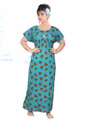 VALENCIA SLEEPWEAR Sleepwear Pure Cotton Printed Round Neck Nightgown Nighty with Pleades for Extra Comfort Blue