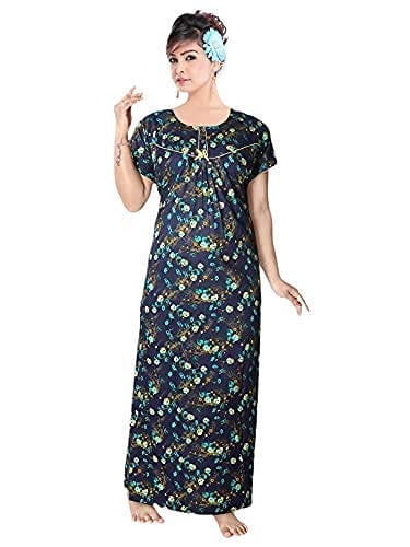 VALENCIA SLEEPWEAR Pure Cotton Flower Printed Night Gown nigthy Maxi Blue