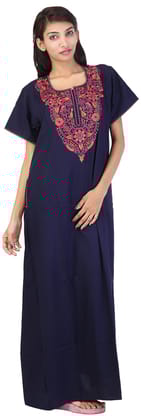 VALENCIA SLEEPWEAR lissybissy Cotton Resham Embroidery Nighty Night Gown Maxi for Women A line (KNW-48, Navy Blue, Large)