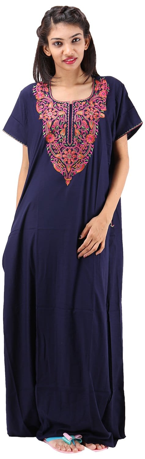 VALENCIA SLEEPWEAR lissybissy Cotton Resham Embroidery Nighty Night Gown Maxi for Women A line (Navy Blue)