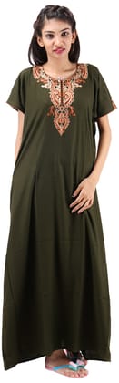 VALENCIA SLEEPWEAR lissybissy Cotton Resham Embroidery Nighty Night Gown Maxi for Women A line (KNW-69, Mehendi Green, Large)